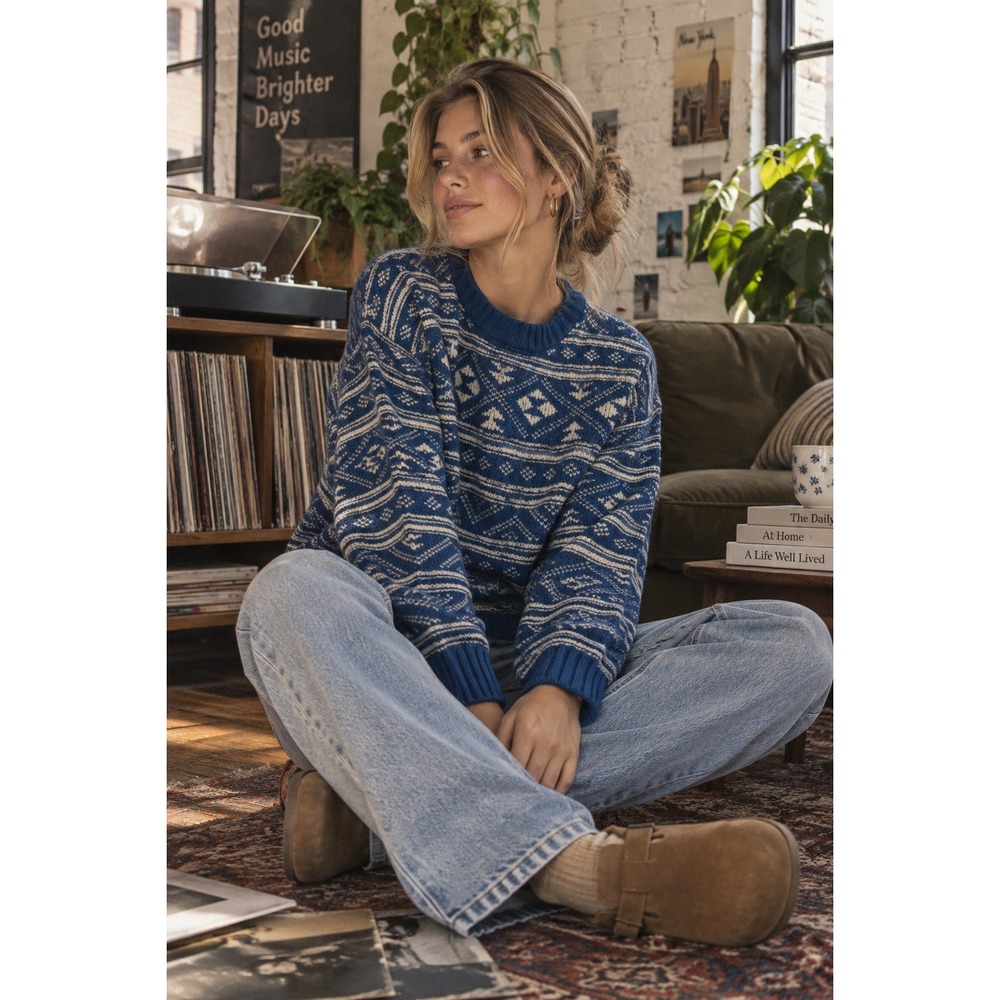 American Eagle Sweater Womens Small Blue Fair Isle Nordic Preppy Gorpcore